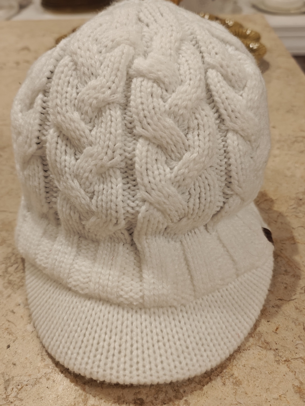 adidas White Cable-Knit Brim Beanie Hat